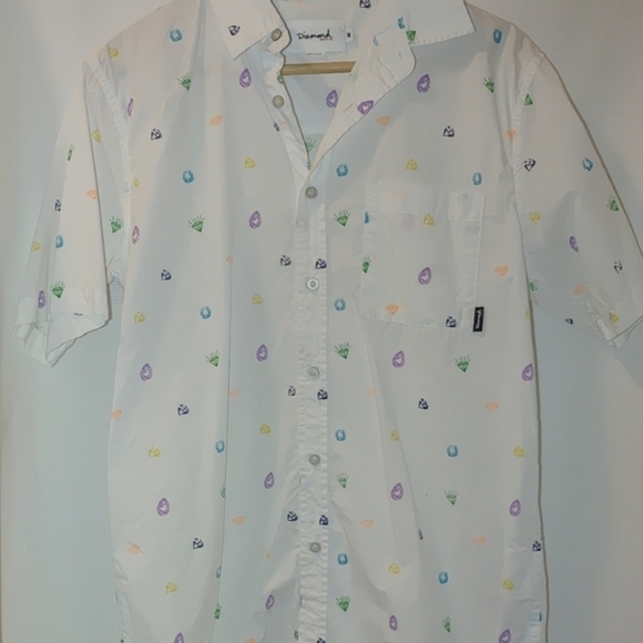 Diamond Supply Co. Short Sleeve Button Front Shirt Novelty Gem Pattern M White - Picture 2 of 6